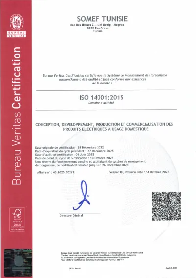 Certificat ISO 14001 — SOMEF