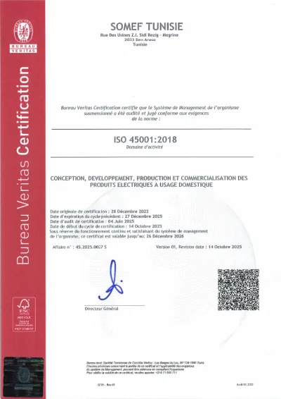 Certificat ISO 45001 — SOMEF